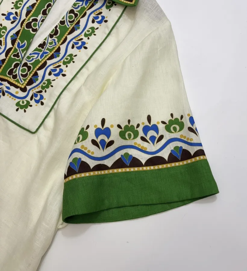 ALEMAIS Ivory and Green Border-Print Belted Shirt Dress in Ivory and Green, product view 07