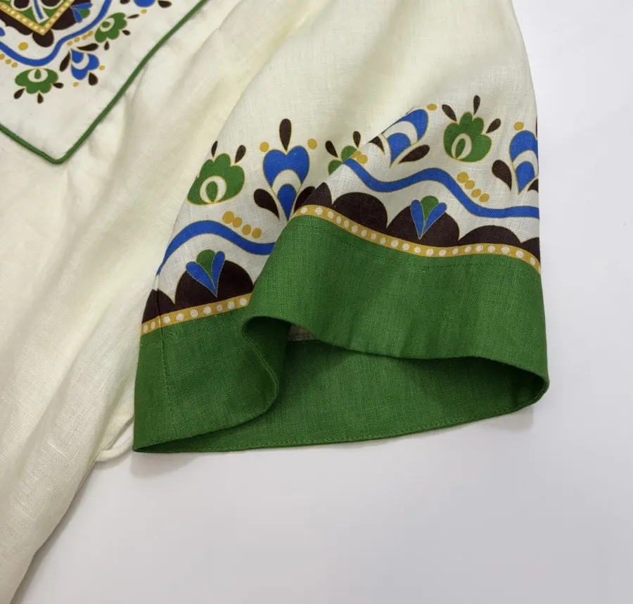 ALEMAIS Ivory and Green Border-Print Belted Shirt Dress in Ivory and Green, product view 08