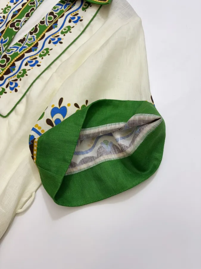 ALEMAIS Ivory and Green Border-Print Belted Shirt Dress in Ivory and Green, product view 10