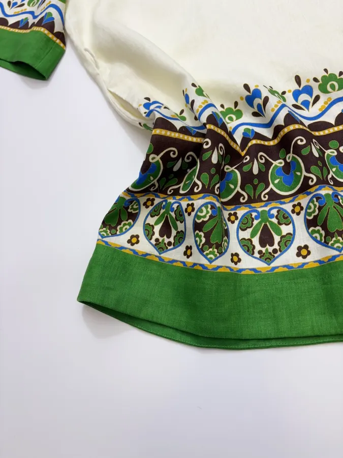 ALEMAIS Ivory and Green Border-Print Belted Shirt Dress in Ivory and Green, product view 13