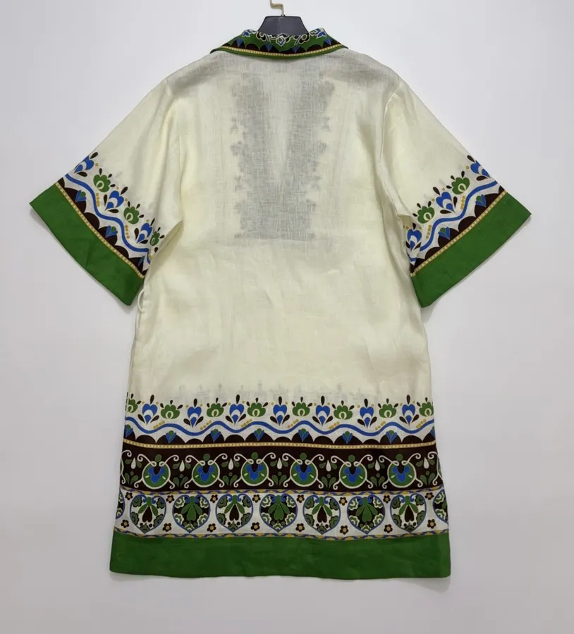 ALEMAIS Ivory and Green Border-Print Belted Shirt Dress in Ivory and Green, product view 16