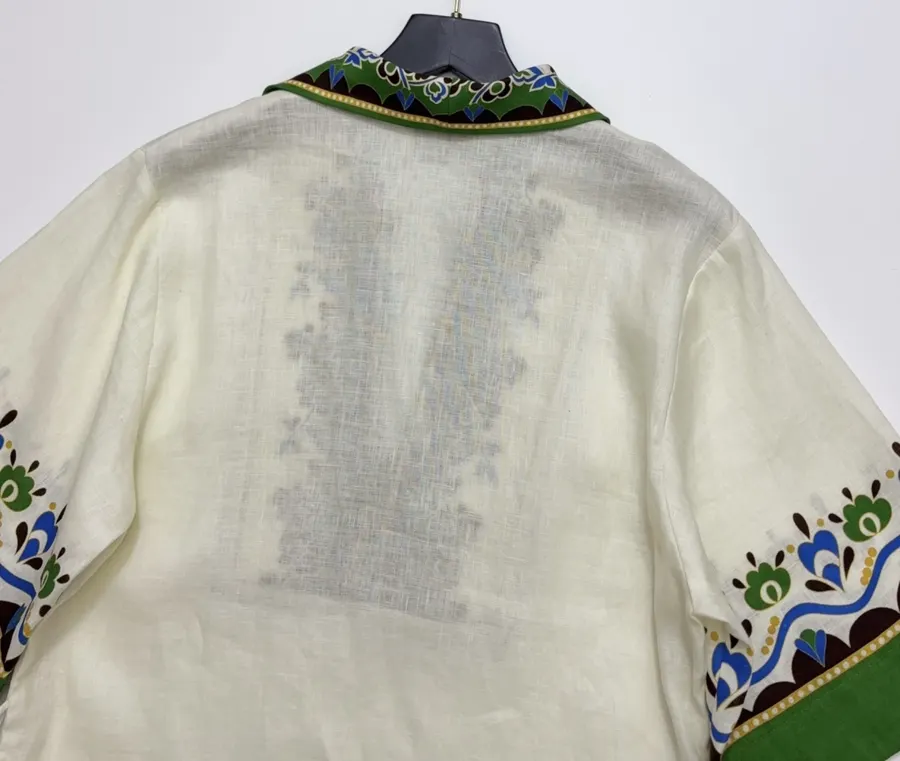 ALEMAIS Ivory and Green Border-Print Belted Shirt Dress in Ivory and Green, product view 17