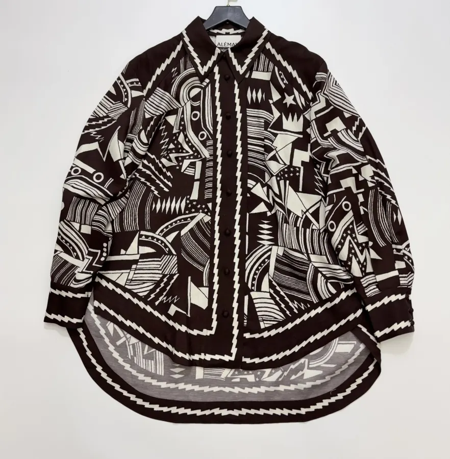 ALEMAIS Black and Ivory Geometric-Print Longline Shirt in Black and Ivory, product view