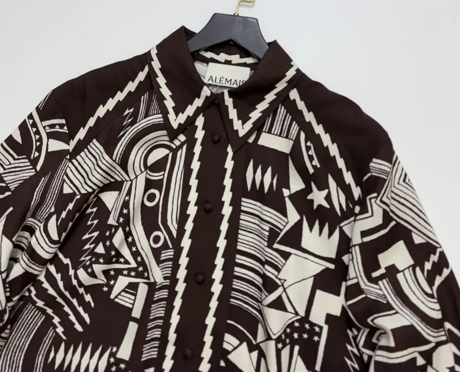 ALEMAIS Black and Ivory Geometric-Print Longline Shirt in Black and Ivory, product view 02
