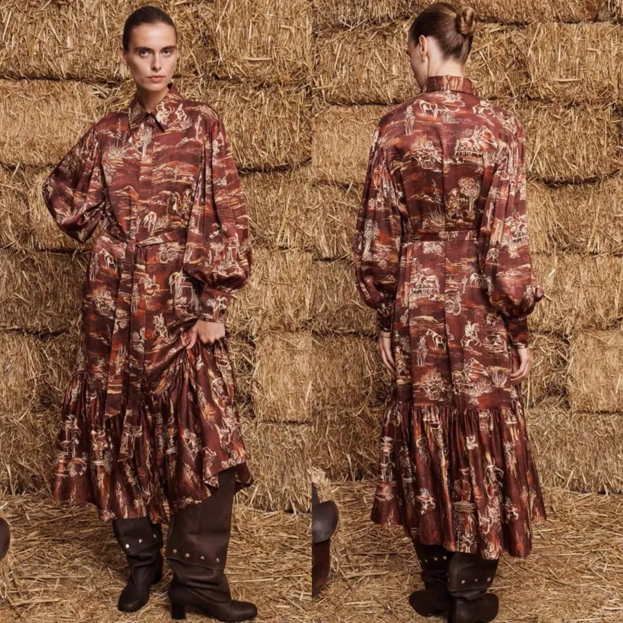 ALEMAIS Ezra Silk Midi Shirt-Style Vintage Western Landscape Print Dress in As Shown, product view