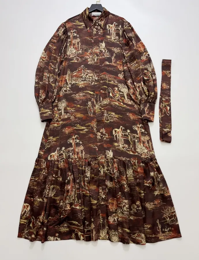 ALEMAIS Ezra Silk Midi Shirt-Style Vintage Western Landscape Print Dress in As Shown, product view 02