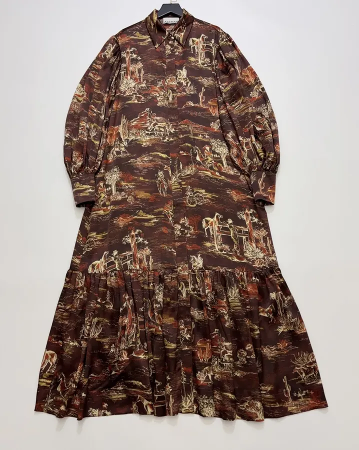 ALEMAIS Ezra Silk Midi Shirt-Style Vintage Western Landscape Print Dress in As Shown, product view 03