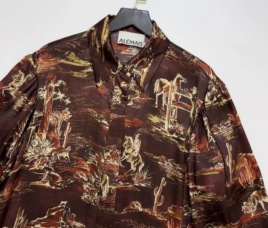 ALEMAIS Ezra Silk Midi Shirt-Style Vintage Western Landscape Print Dress in As Shown, product view 04