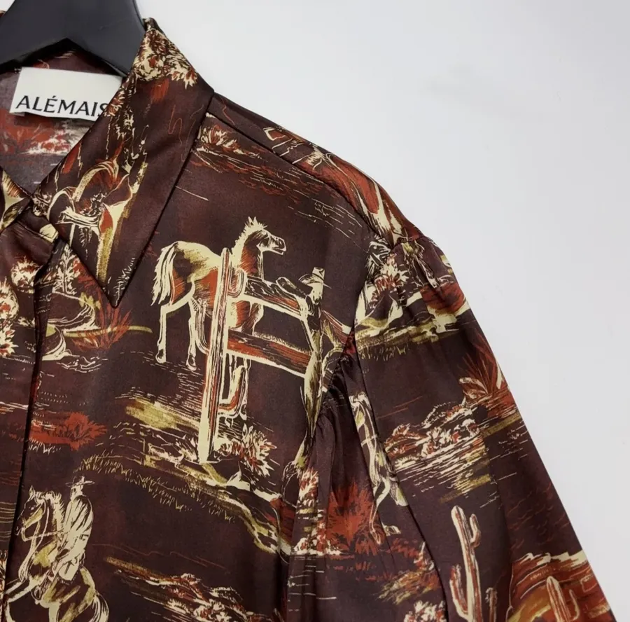 ALEMAIS Ezra Silk Midi Shirt-Style Vintage Western Landscape Print Dress in As Shown, product view 05