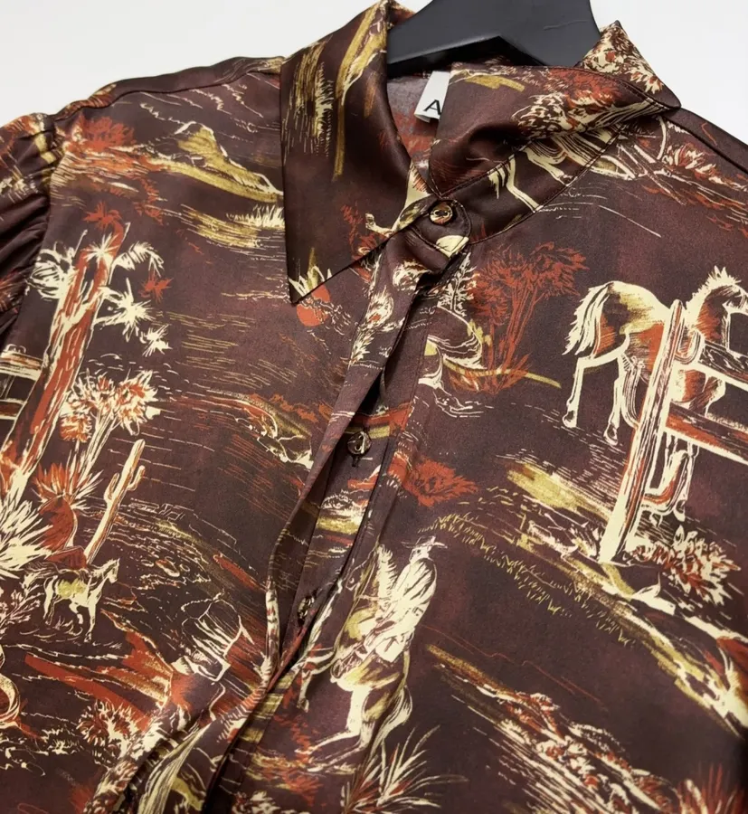 ALEMAIS Ezra Silk Midi Shirt-Style Vintage Western Landscape Print Dress in As Shown, product view 06