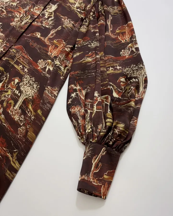 ALEMAIS Ezra Silk Midi Shirt-Style Vintage Western Landscape Print Dress in As Shown, product view 07
