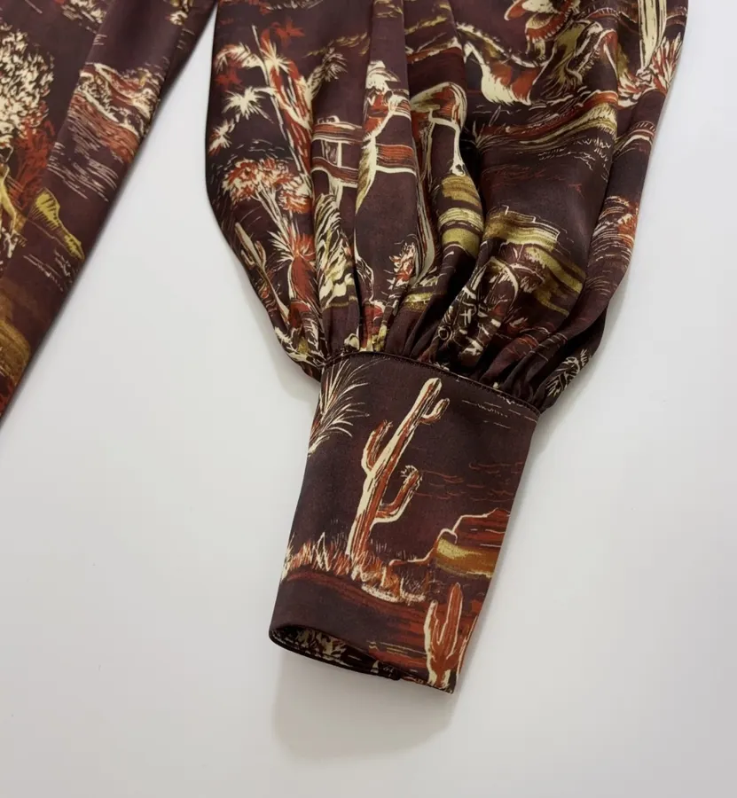ALEMAIS Ezra Silk Midi Shirt-Style Vintage Western Landscape Print Dress in As Shown, product view 08