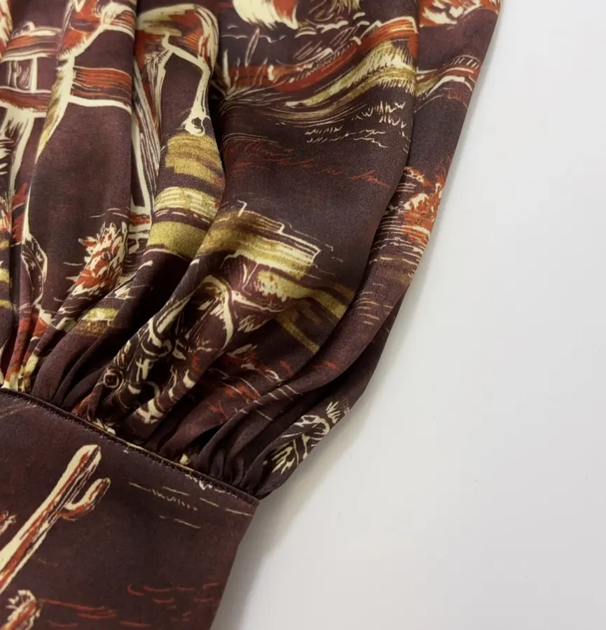 ALEMAIS Ezra Silk Midi Shirt-Style Vintage Western Landscape Print Dress in As Shown, product view 09