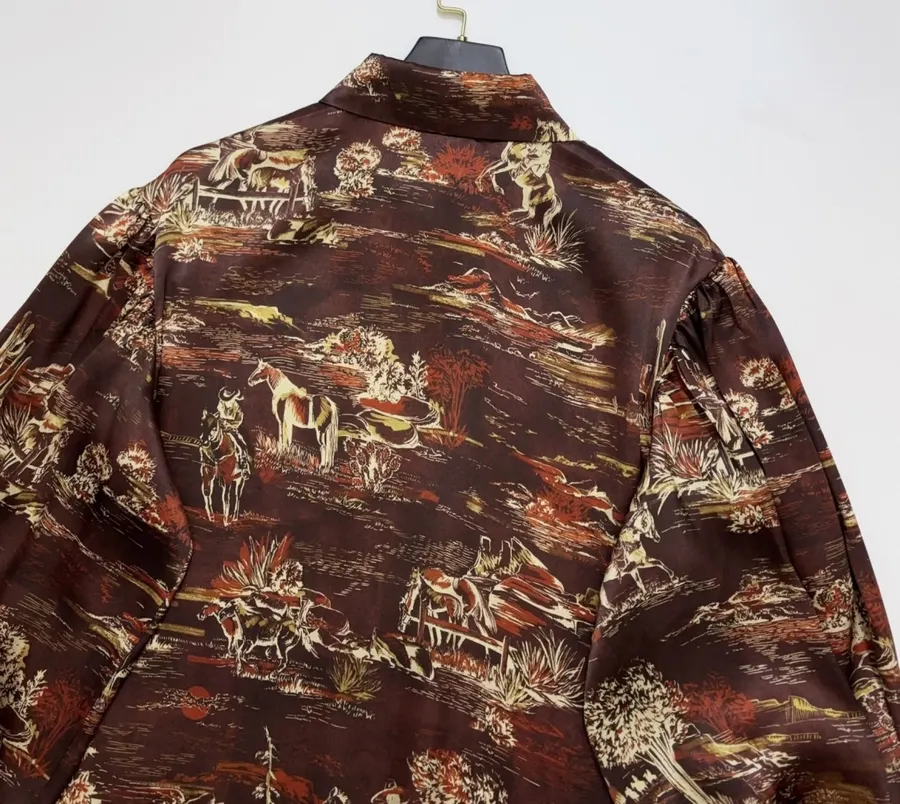 ALEMAIS Ezra Silk Midi Shirt-Style Vintage Western Landscape Print Dress in As Shown, product view 21