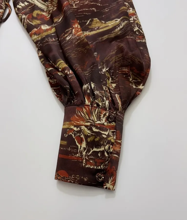ALEMAIS Ezra Silk Midi Shirt-Style Vintage Western Landscape Print Dress in As Shown, product view 22