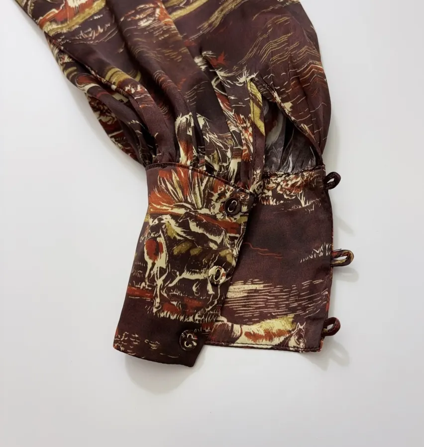 ALEMAIS Ezra Silk Midi Shirt-Style Vintage Western Landscape Print Dress in As Shown, product view 23