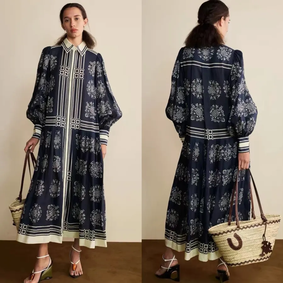 ALEMAIS Bubble Sleeve Ramie Printed Elegant Waist-Cinching Maxi Dress, Long Skirt in As Shown, product view