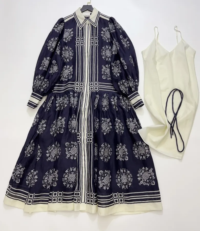 ALEMAIS Bubble Sleeve Ramie Printed Elegant Waist-Cinching Maxi Dress, Long Skirt in As Shown, product view 02