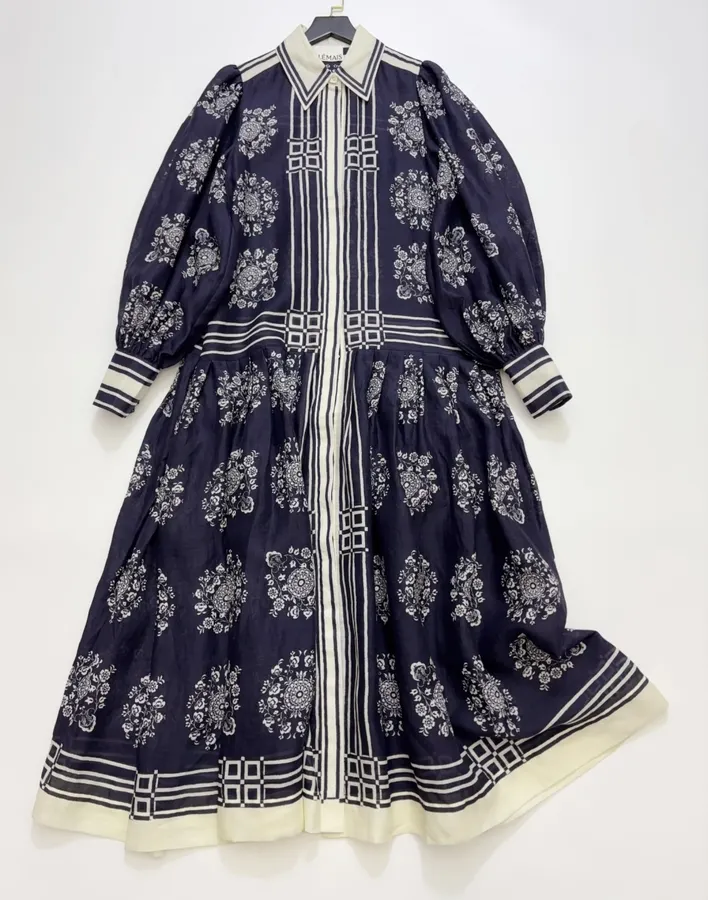 ALEMAIS Bubble Sleeve Ramie Printed Elegant Waist-Cinching Maxi Dress, Long Skirt in As Shown, product view 03