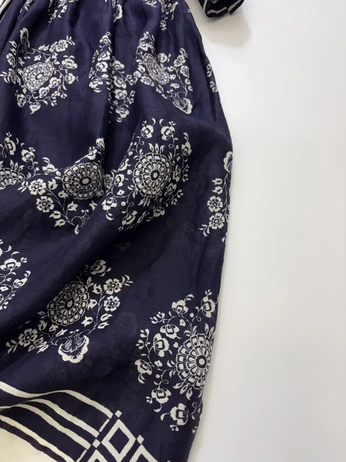 ALEMAIS Bubble Sleeve Ramie Printed Elegant Waist-Cinching Maxi Dress, Long Skirt in As Shown, product view 20