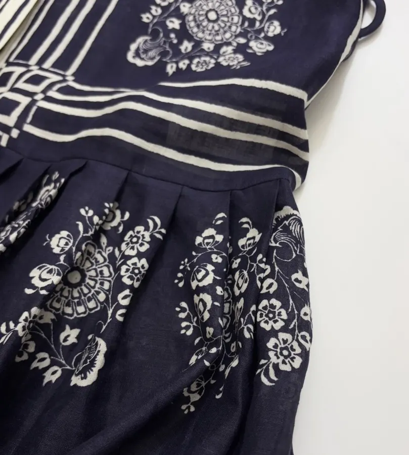 ALEMAIS Bubble Sleeve Ramie Printed Elegant Waist-Cinching Maxi Dress, Long Skirt in As Shown, product view 21