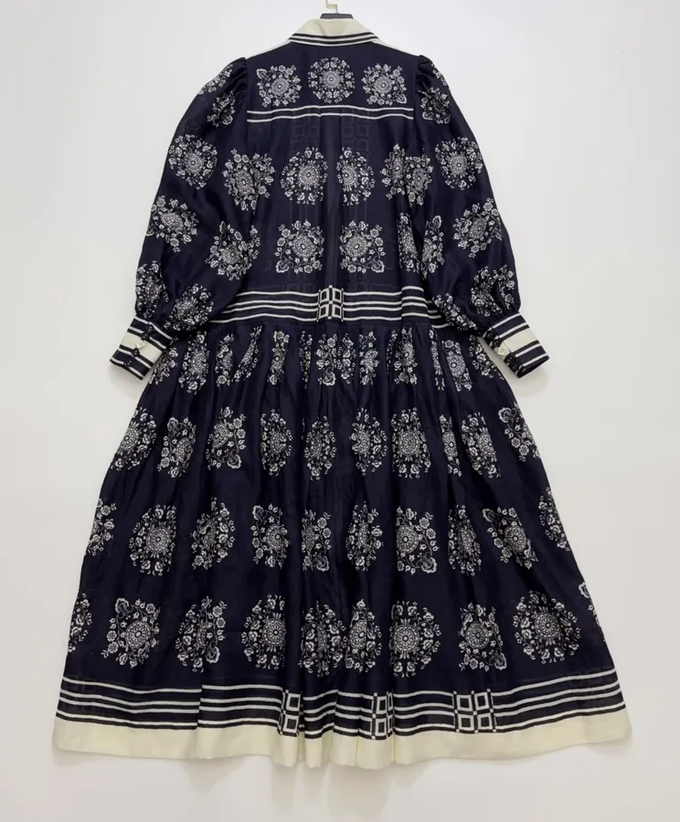 ALEMAIS Bubble Sleeve Ramie Printed Elegant Waist-Cinching Maxi Dress, Long Skirt in As Shown, product view 24