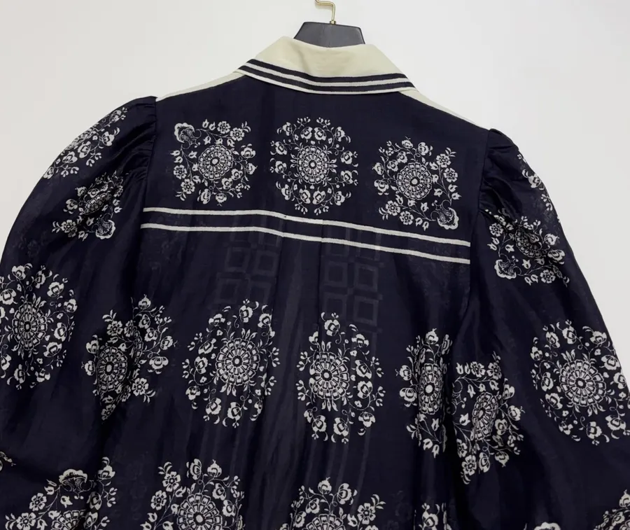 ALEMAIS Bubble Sleeve Ramie Printed Elegant Waist-Cinching Maxi Dress, Long Skirt in As Shown, product view 25