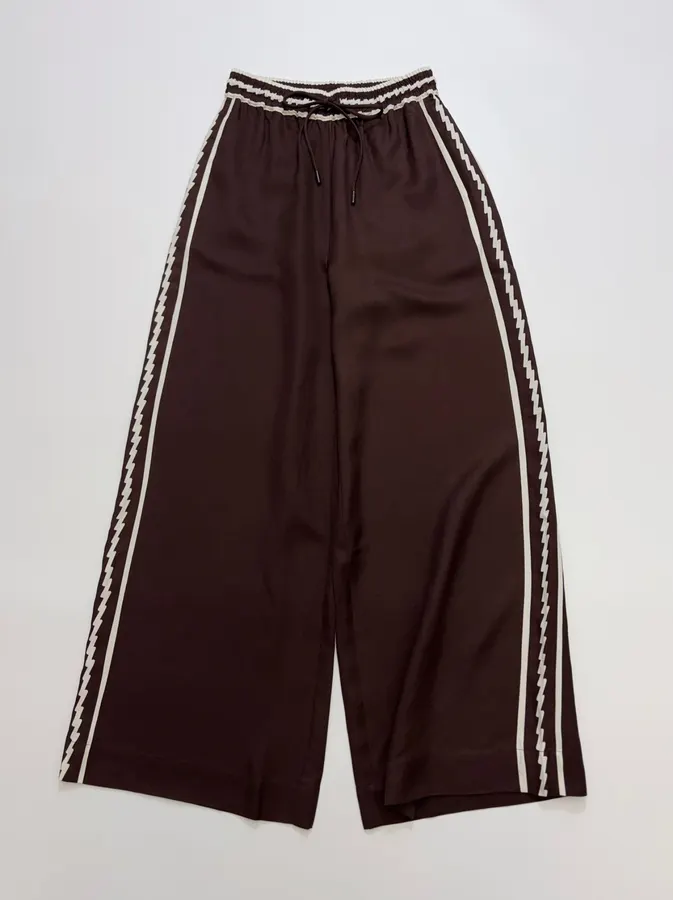 ALEMAIS Dark Brown Braid-Trim Wide-Leg Trousers in Dark Brown, product view 02