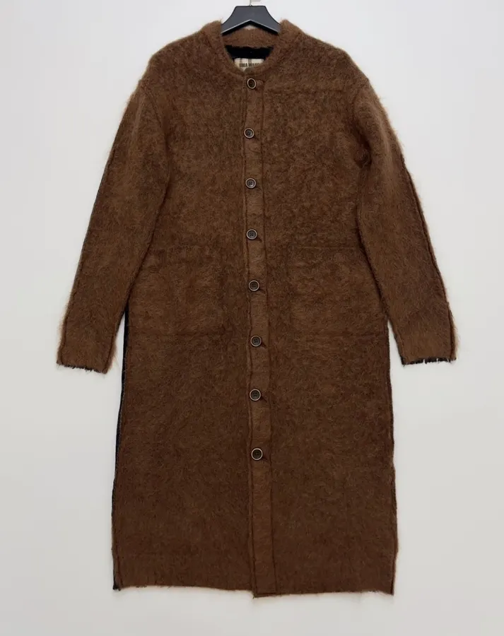 小众 拼色长毛马海毛长款开衫｜圆领单排扣慵懒过膝针织大衣外套，As Shown，产品主图