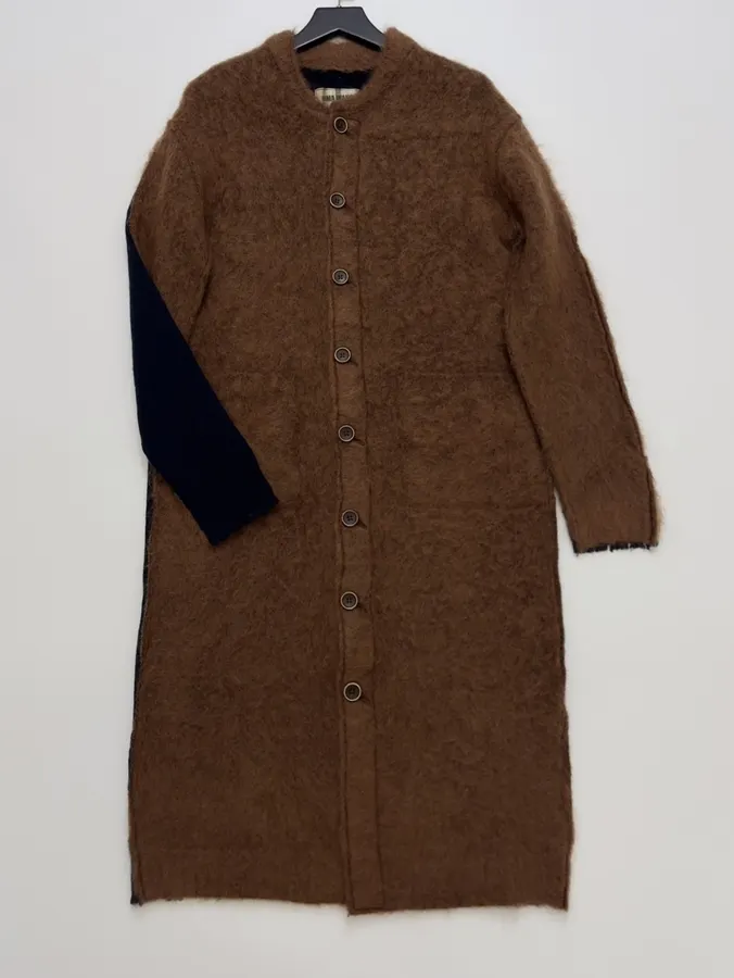 Limited-edition color-blocked long mohair cardigan, crew neck, single-breasted, oversized knee-length knit coat in As Shown, product view 02