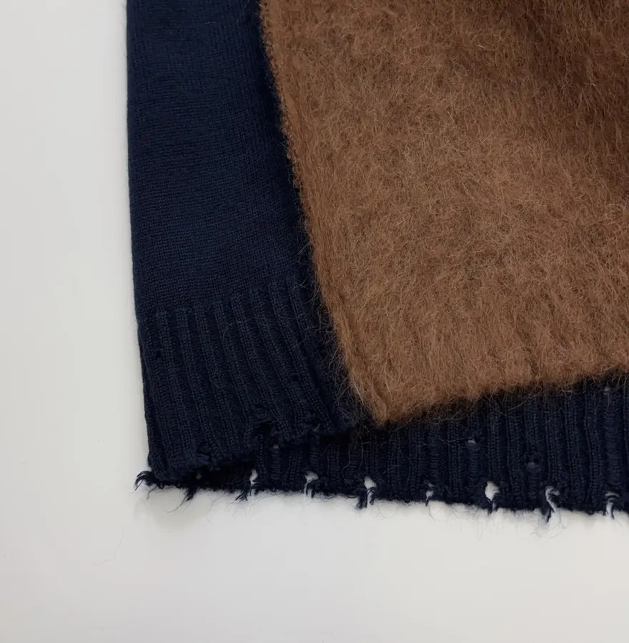 Limited-edition color-blocked long mohair cardigan, crew neck, single-breasted, oversized knee-length knit coat in As Shown, product view 14
