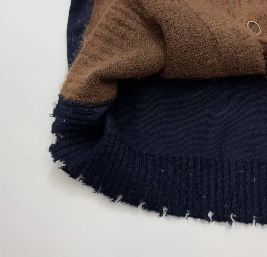 Limited-edition color-blocked long mohair cardigan, crew neck, single-breasted, oversized knee-length knit coat in As Shown, product view 15