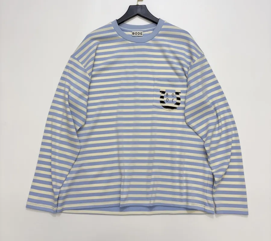 Striped Pocket Horse-Shoe Patch Long-Sleeve T-Shirt | Retro American Loose Drop-Shoulder Casual Base Layer in As Shown, product view 01