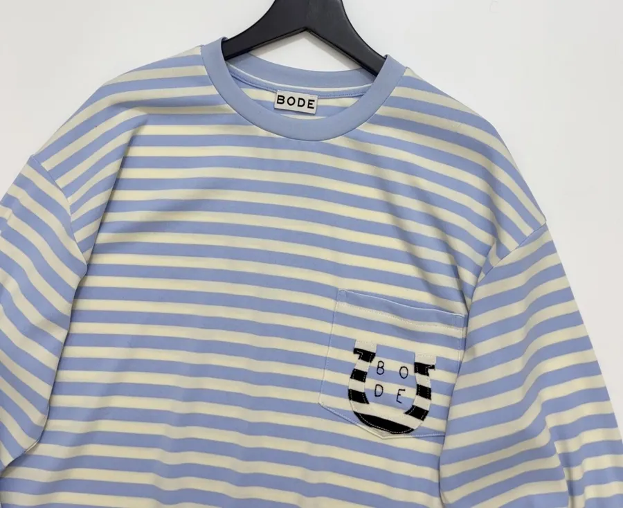 Striped Pocket Horse-Shoe Patch Long-Sleeve T-Shirt | Retro American Loose Drop-Shoulder Casual Base Layer in As Shown, product view 02