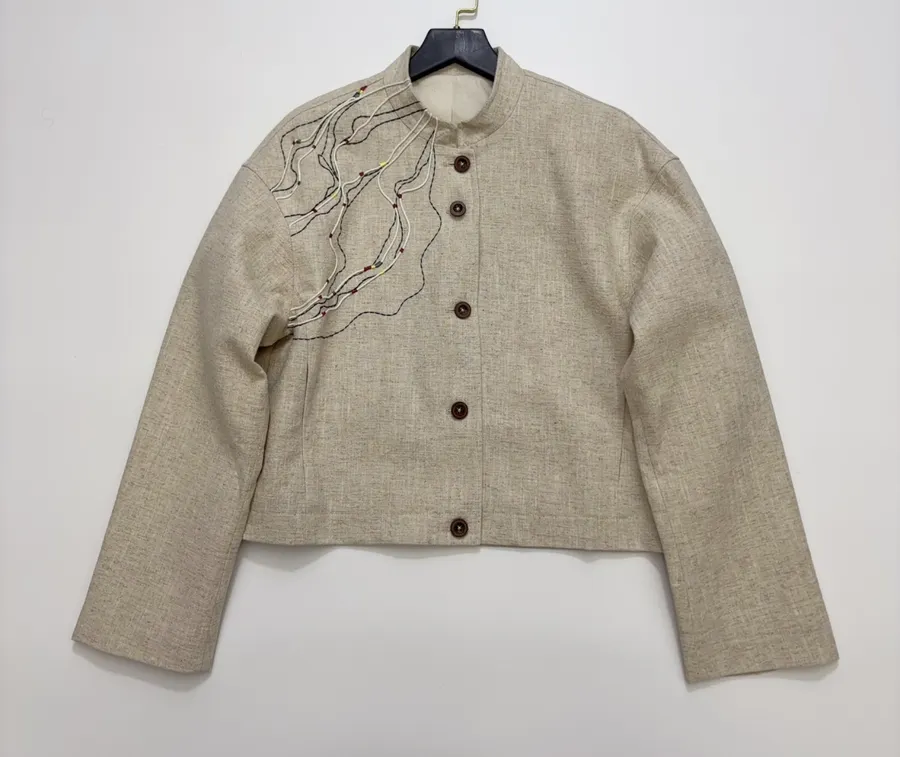Beige-linen stand-collar short jacket with artistic line embroidery, relaxed Chinese-style top in As Shown, product view 01