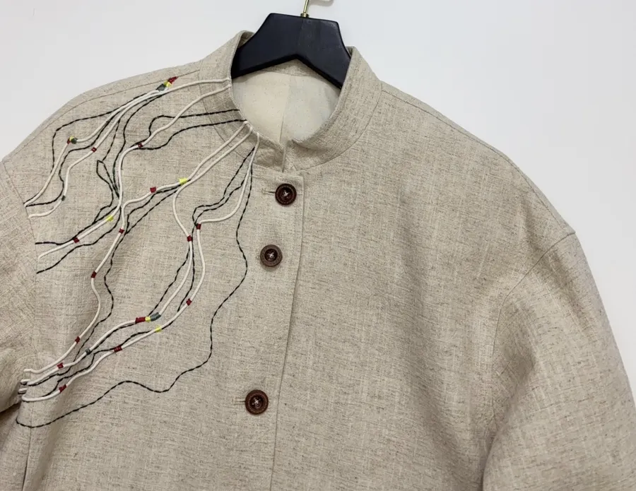 Beige-linen stand-collar short jacket with artistic line embroidery, relaxed Chinese-style top in As Shown, product view 02