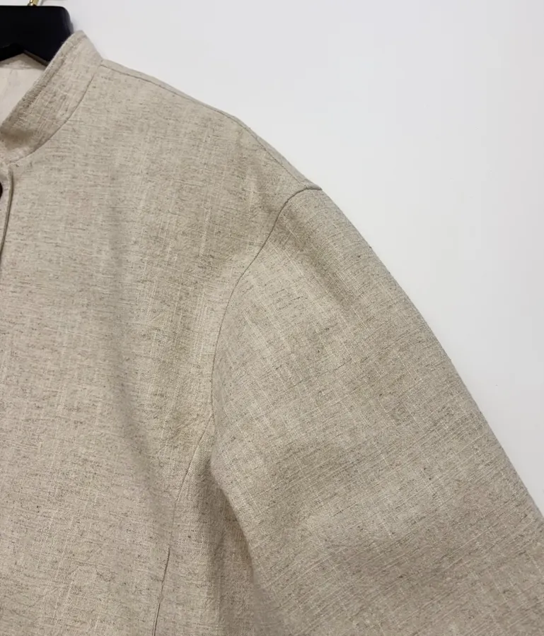 Beige-linen stand-collar short jacket with artistic line embroidery, relaxed Chinese-style top in As Shown, product view 03