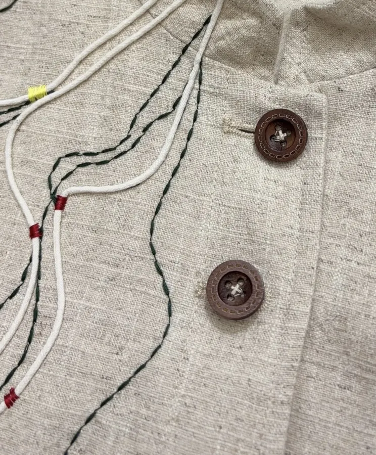 Beige-linen stand-collar short jacket with artistic line embroidery, relaxed Chinese-style top in As Shown, product view 05