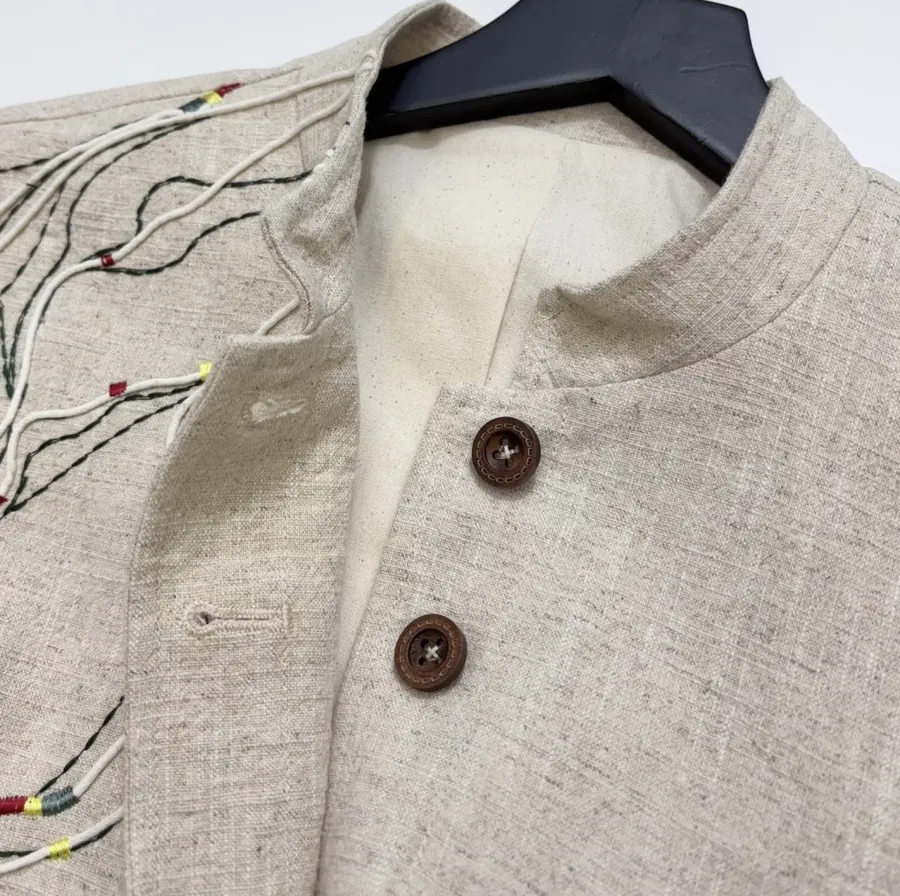 Beige-linen stand-collar short jacket with artistic line embroidery, relaxed Chinese-style top in As Shown, product view 06