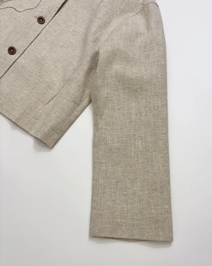 Beige-linen stand-collar short jacket with artistic line embroidery, relaxed Chinese-style top in As Shown, product view 09
