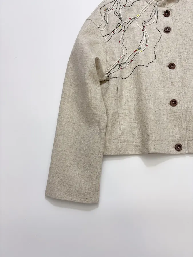 Beige-linen stand-collar short jacket with artistic line embroidery, relaxed Chinese-style top in As Shown, product view 12