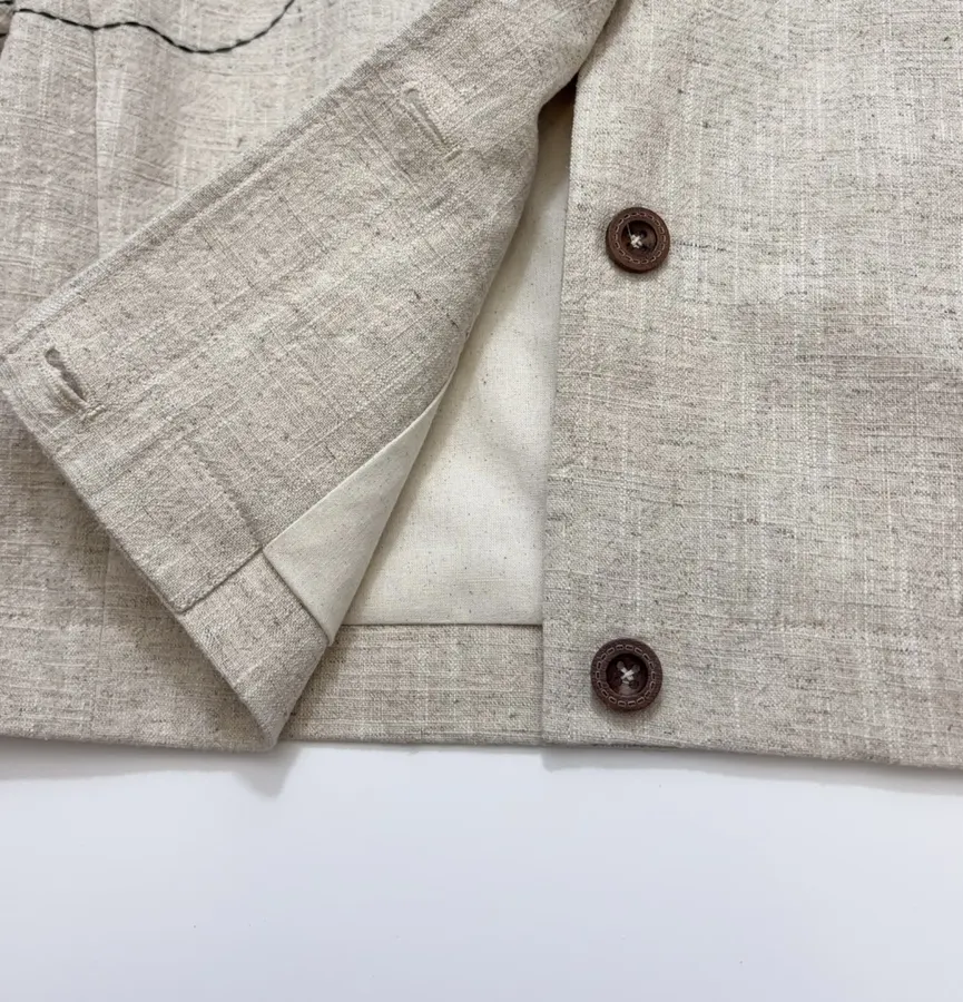 Beige-linen stand-collar short jacket with artistic line embroidery, relaxed Chinese-style top in As Shown, product view 15