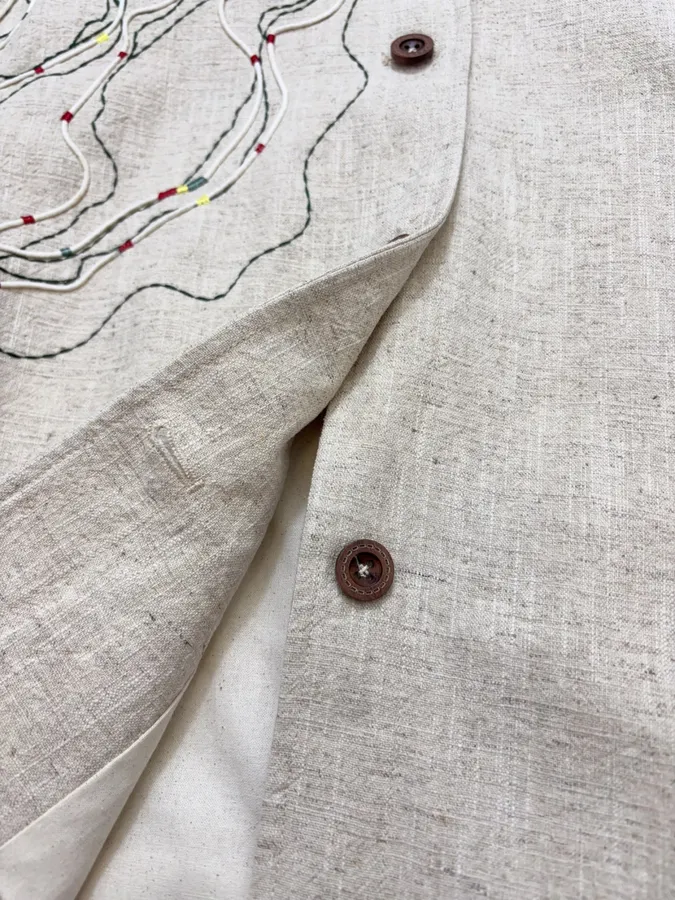 Beige-linen stand-collar short jacket with artistic line embroidery, relaxed Chinese-style top in As Shown, product view 16