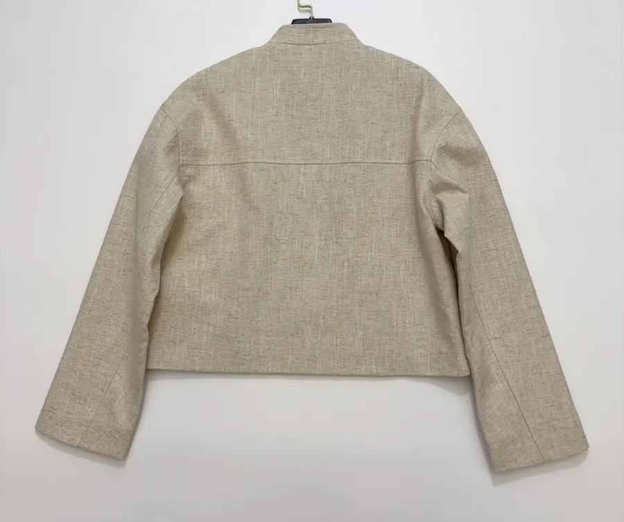 Beige-linen stand-collar short jacket with artistic line embroidery, relaxed Chinese-style top in As Shown, product view 17