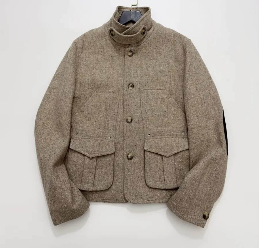 Khaki heathered stand-collar workwear jacket with retro multiple pockets, relaxed wool short jacket in Khaki, product view 01