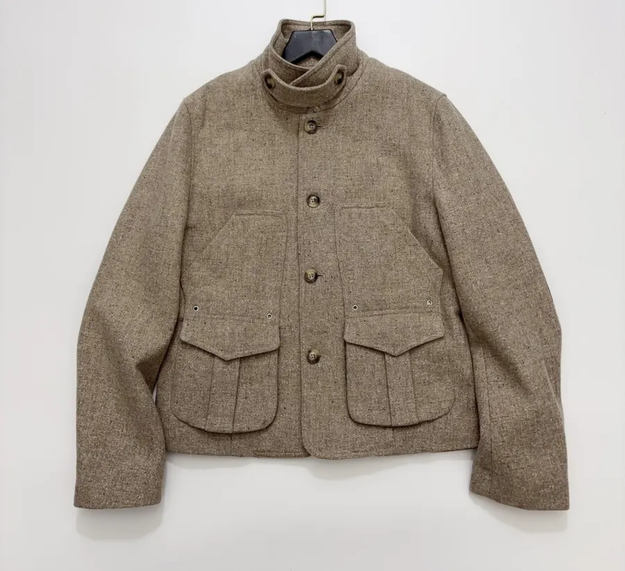 Khaki heathered stand-collar workwear jacket with retro multiple pockets, relaxed wool short jacket in Khaki, product view 02