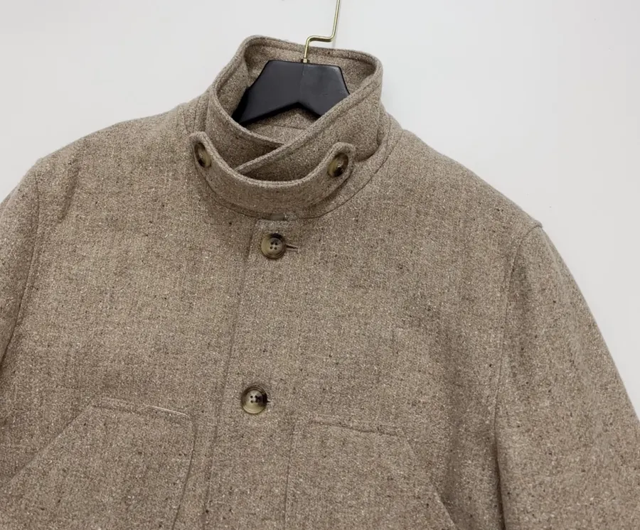 Khaki heathered stand-collar workwear jacket with retro multiple pockets, relaxed wool short jacket in Khaki, product view 03