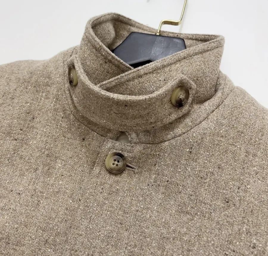 Khaki heathered stand-collar workwear jacket with retro multiple pockets, relaxed wool short jacket in Khaki, product view 05