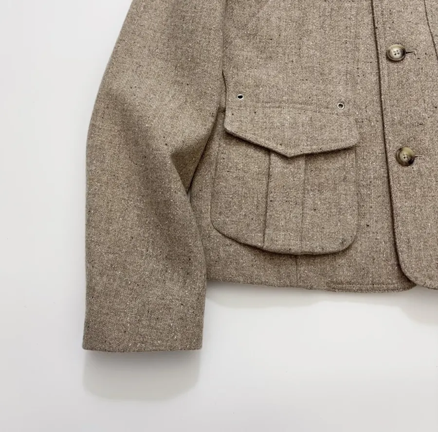 Khaki heathered stand-collar workwear jacket with retro multiple pockets, relaxed wool short jacket in Khaki, product view 11