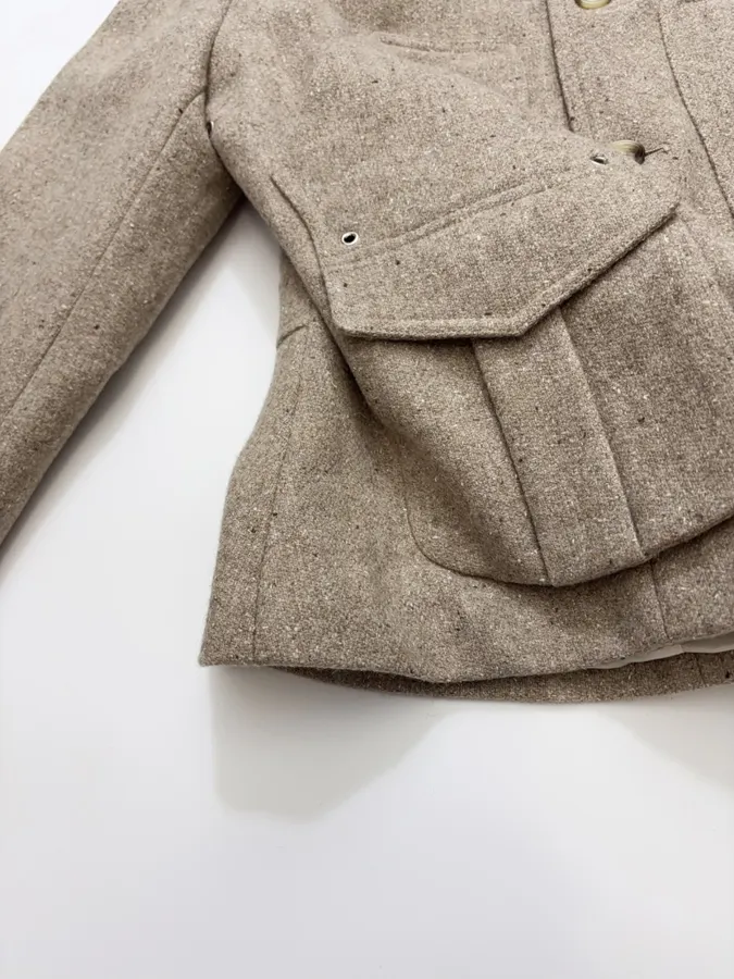 Khaki heathered stand-collar workwear jacket with retro multiple pockets, relaxed wool short jacket in Khaki, product view 12